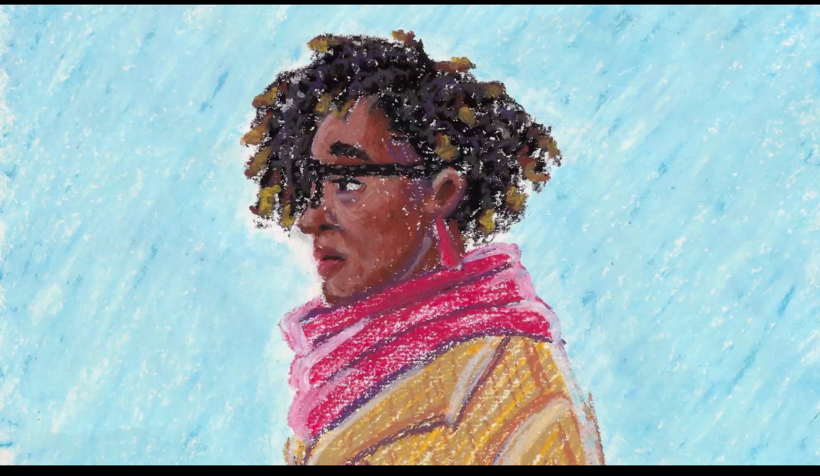 Still from Letting Go: an animated woman in a pink scarf against a blue sky