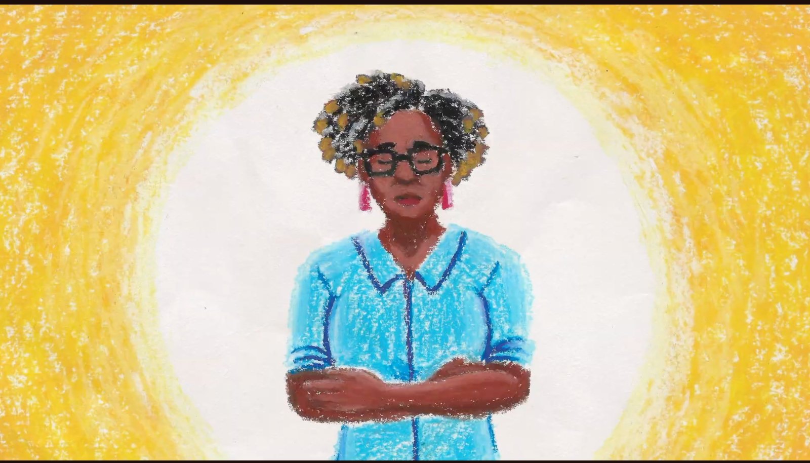 Still from Letting Go, our animated short documentary: a woman standing inside a yellow sun