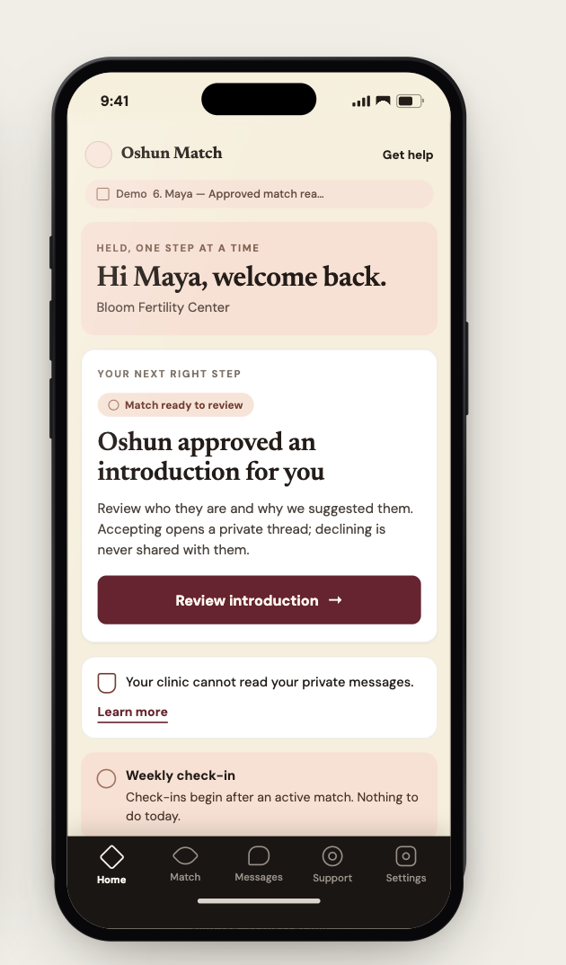 The Oshun Match patient home screen: an approved introduction ready to review