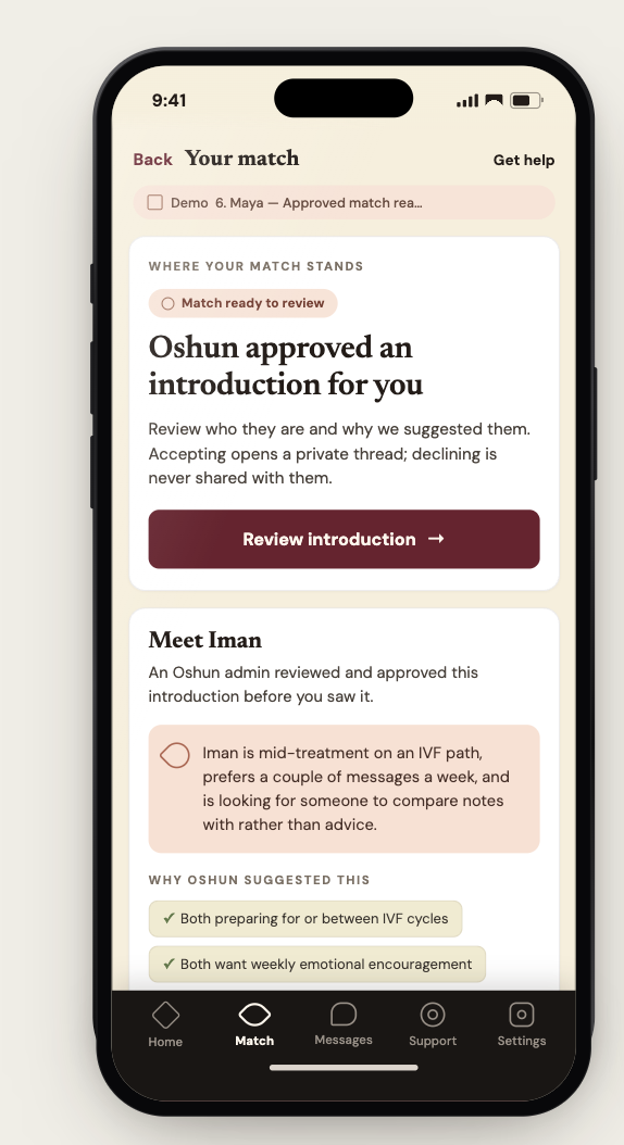Your match: the introduction Oshun approved, with the reasons it was suggested